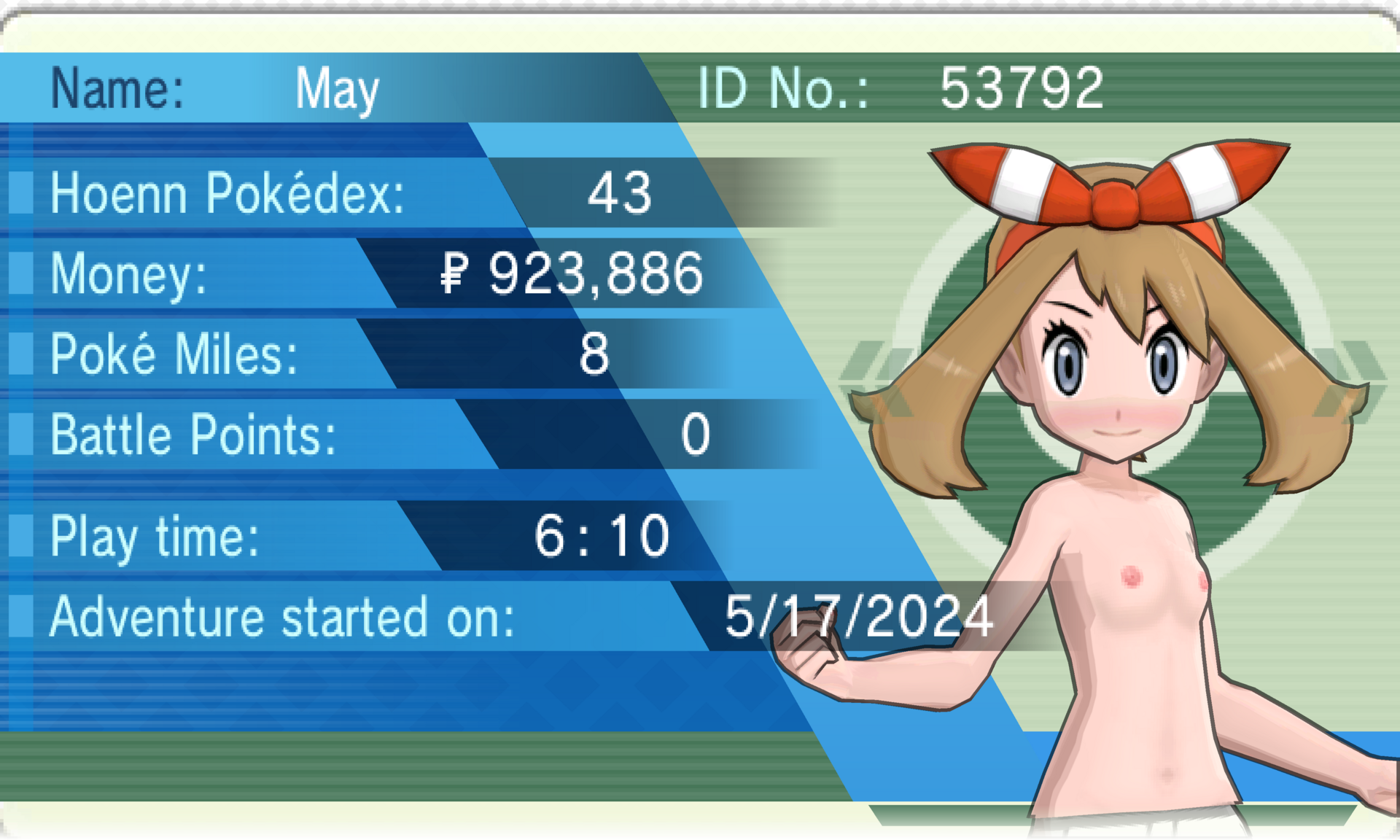A close-up of May in the Trainer Info while she's topless.