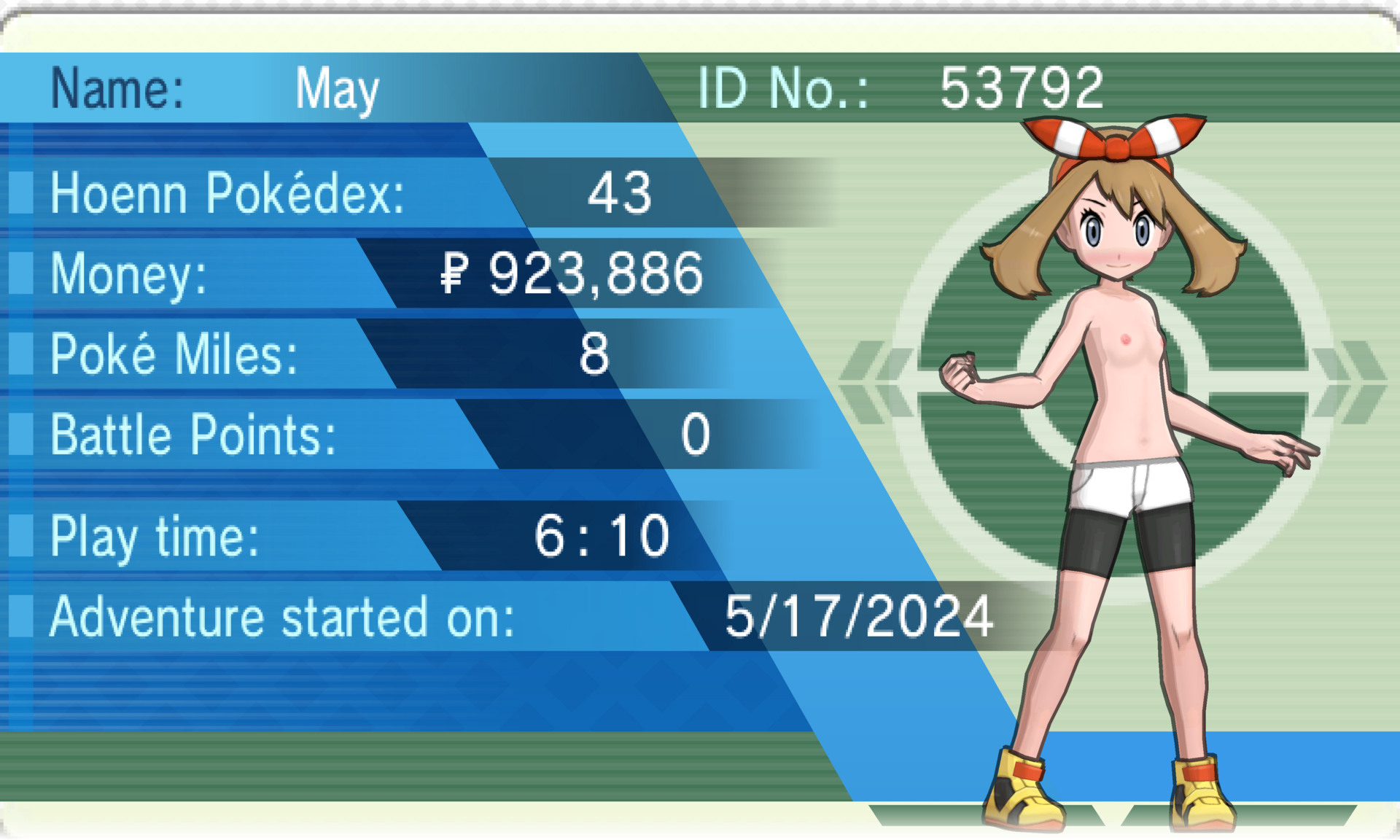 A topless May in the Trainer Info